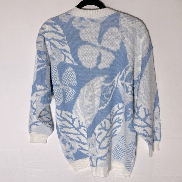 Vintage Blue White Leaf Print Jacquard Button Up Cardigan M - Picture 13 of 14